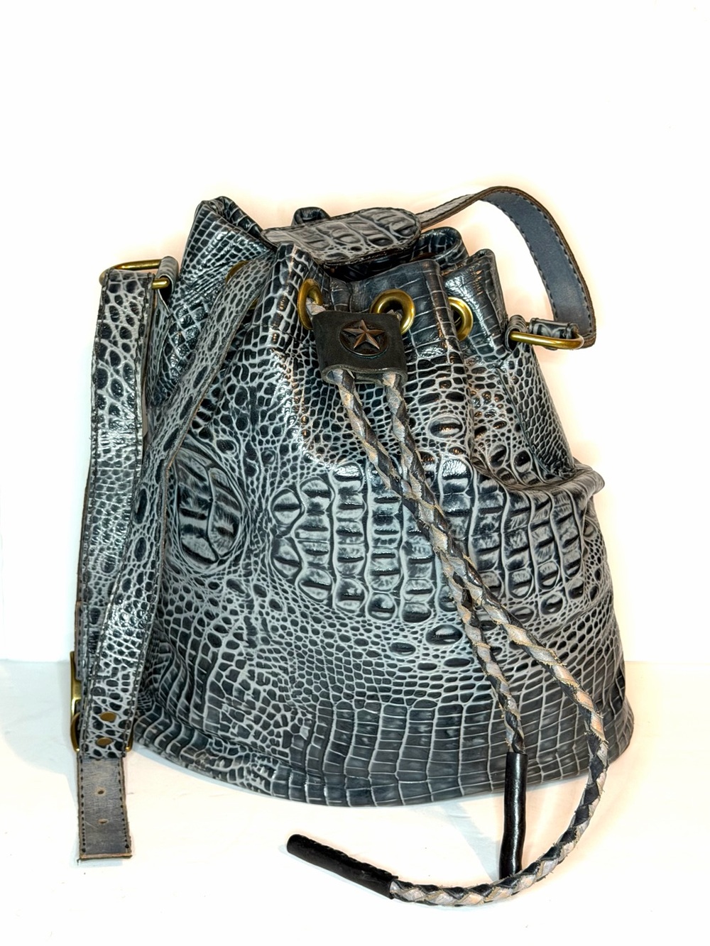 Blue & Gray Croc-Embossed Drawstring Bucket Bag